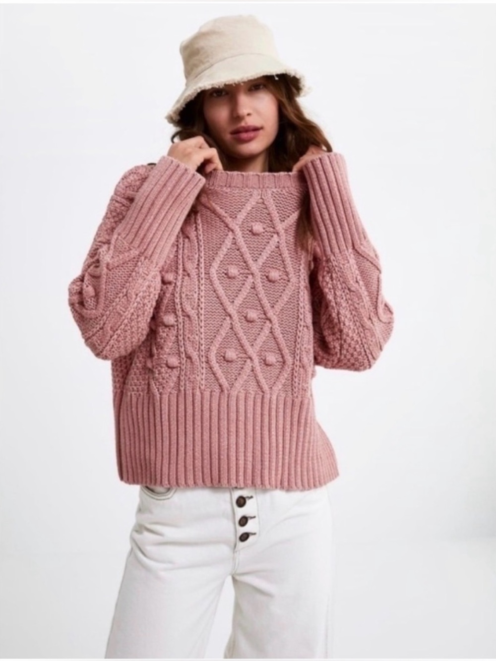 Zara Cable Knit Pom Pom Crewneck Sweater in Pink, Size Small